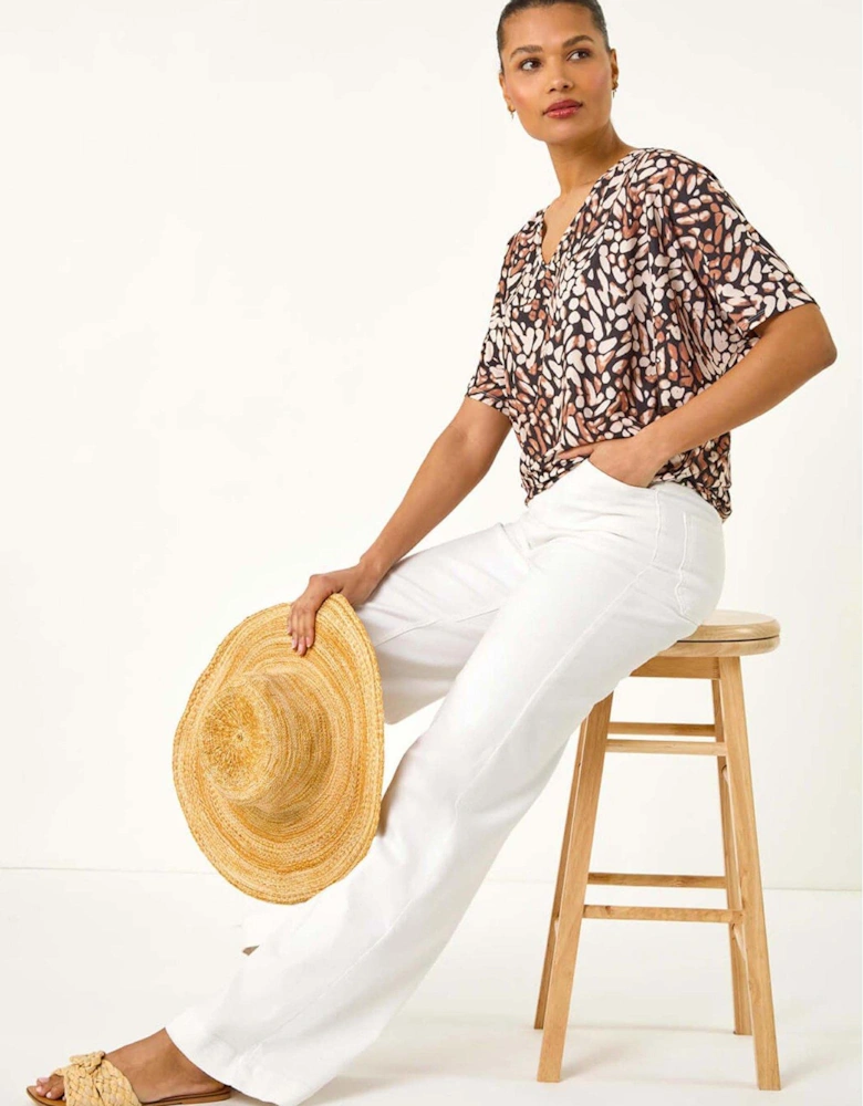 Abstract Print V-neck Stretch Top - Tan
