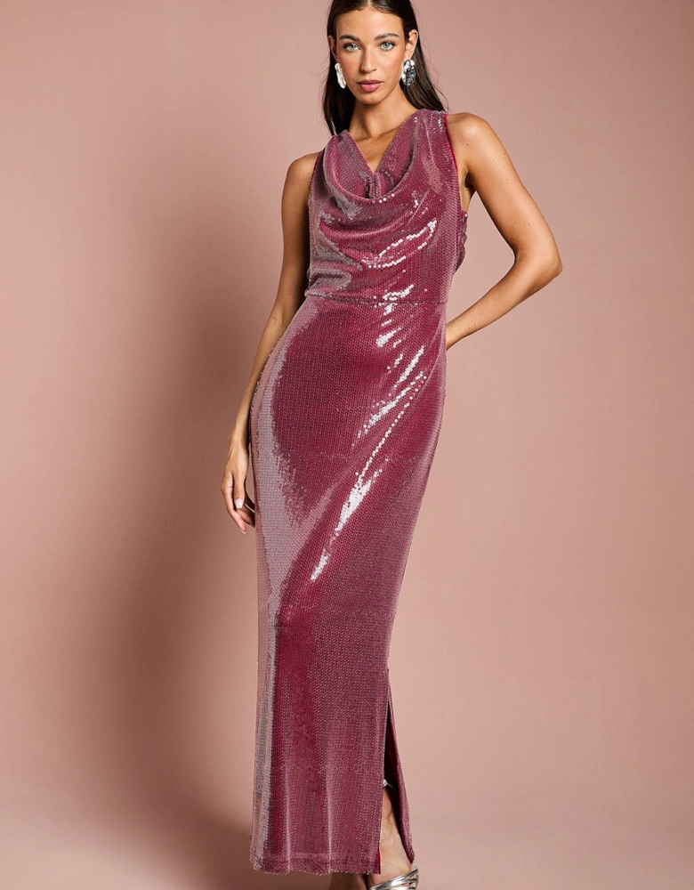 Muse Cowl Front Halter Sequin Maxi Dress