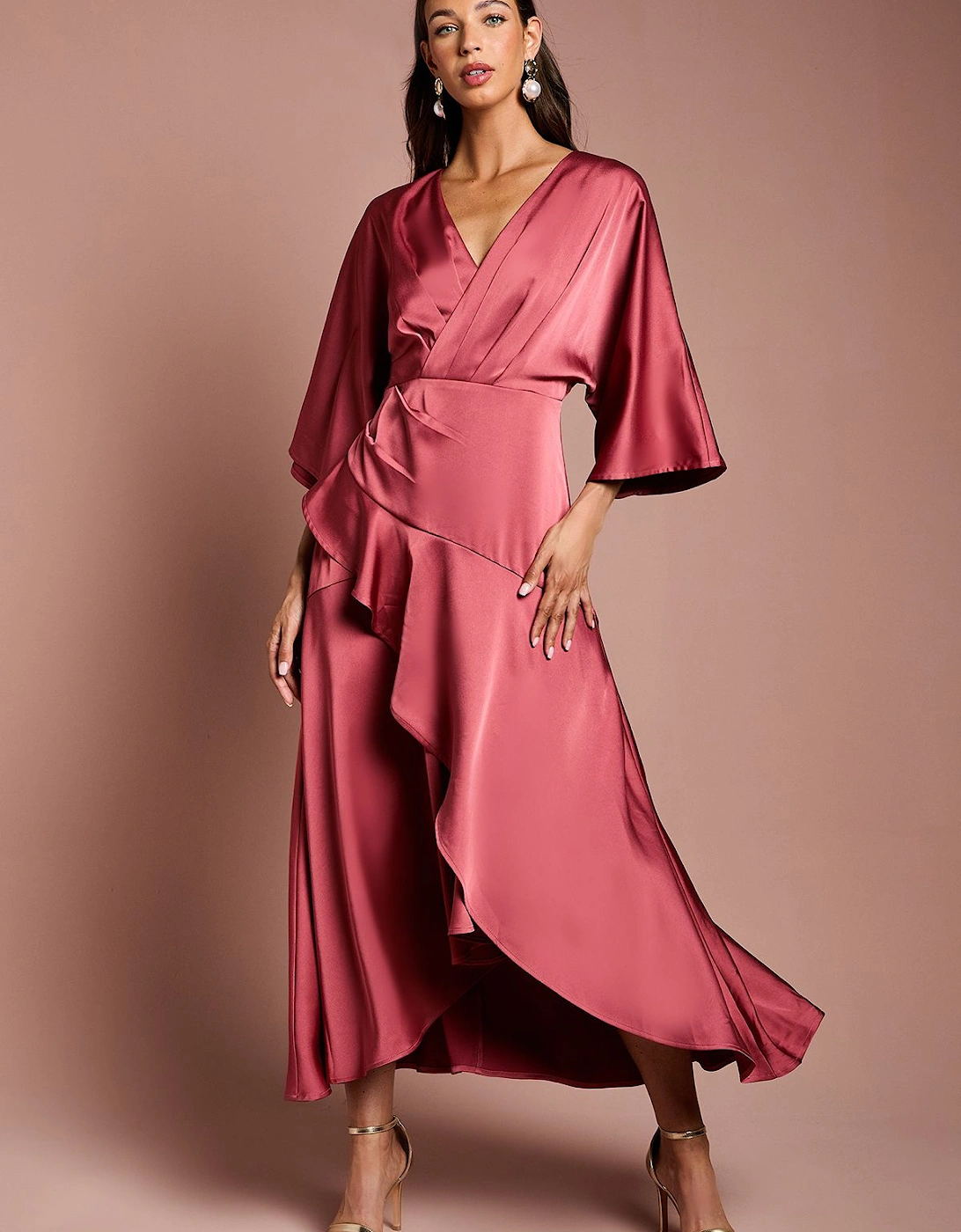 Satin Back Crepe Ruffle Wrap Midi Dress, 2 of 1