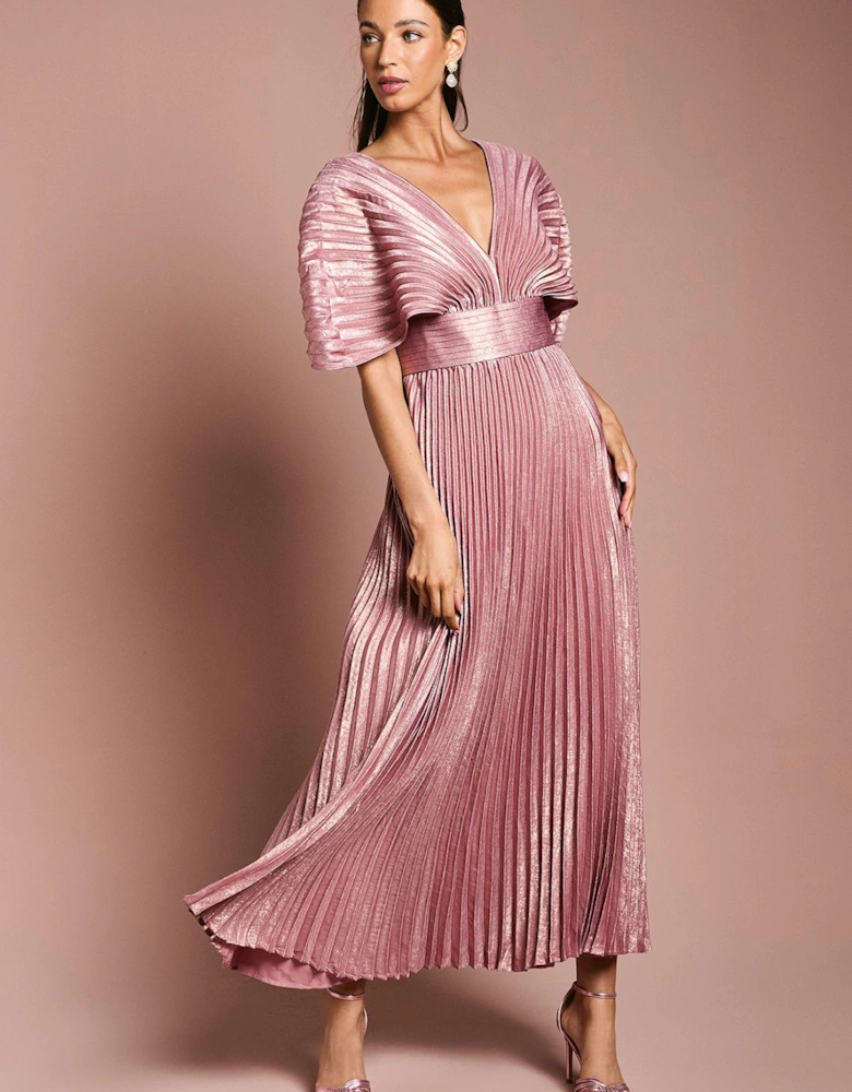 Batwing Pleated Metallic Midi Dress