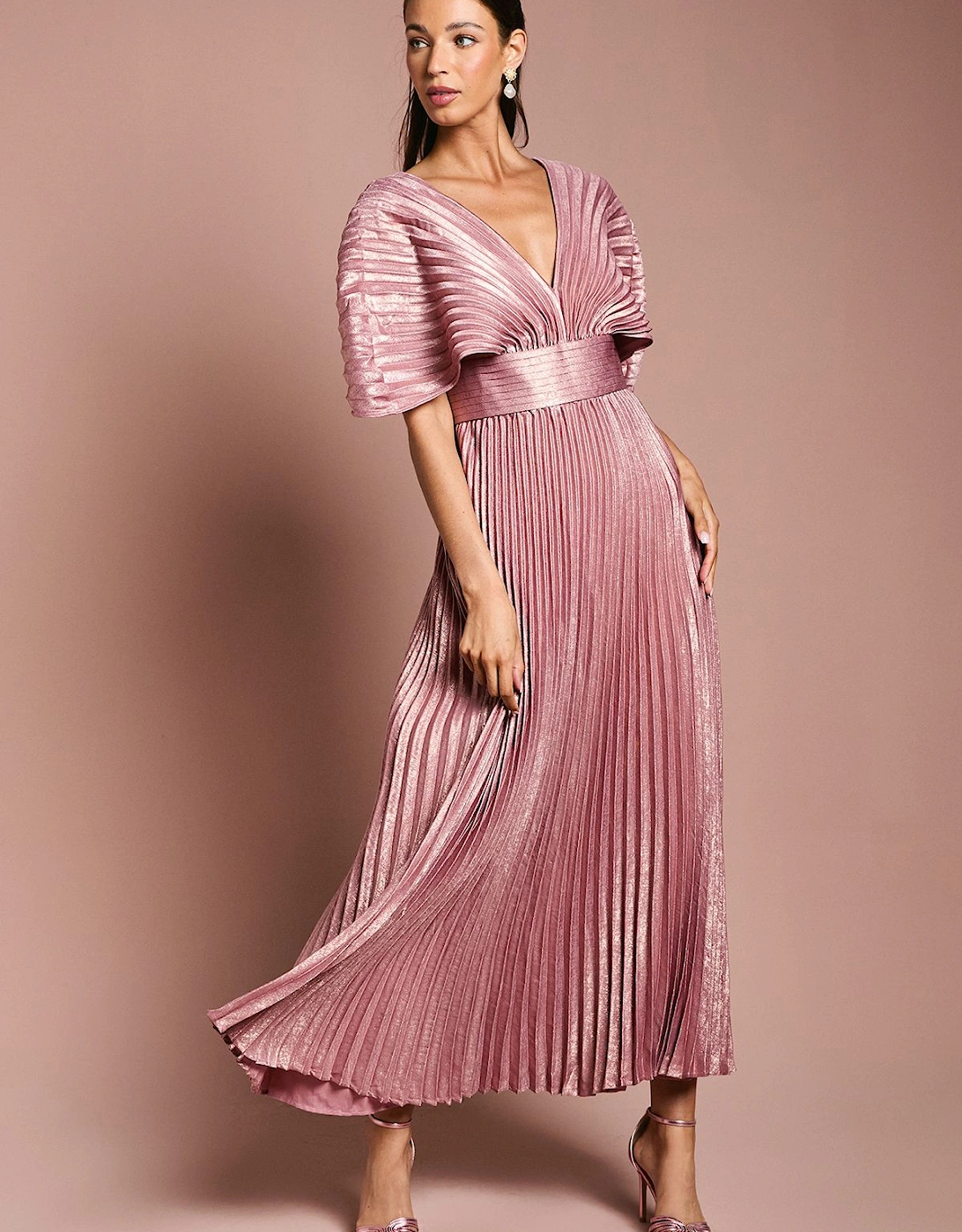 Batwing Pleated Metallic Midi Dress, 2 of 1