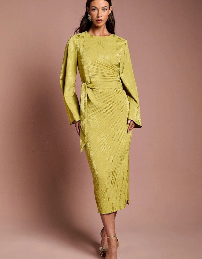 Long Flare Sleeve Pleated Jacquard Midi Dress