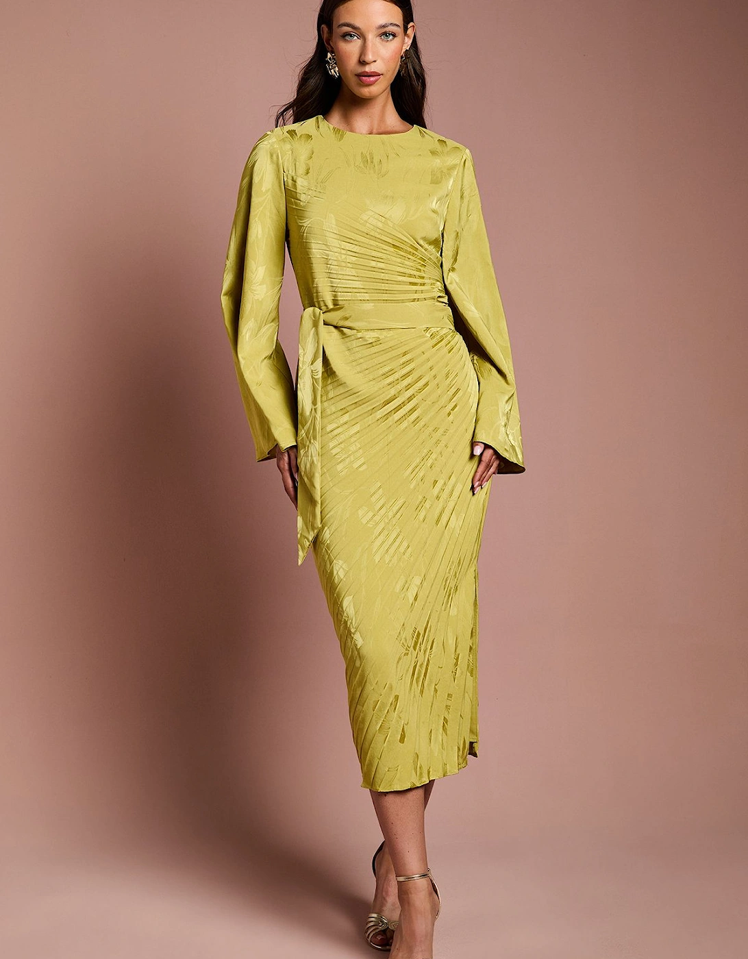 Long Flare Sleeve Pleated Jacquard Midi Dress, 2 of 1