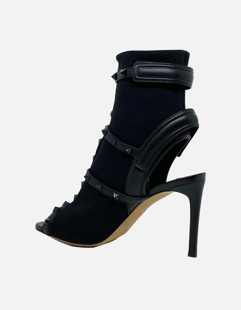 Leather Sandals with Velcro Strap and Heel Women - Black