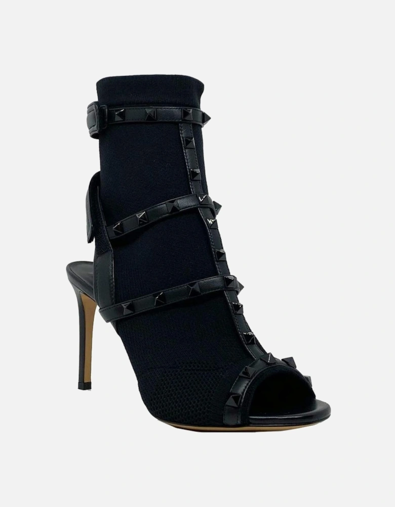 Leather Sandals with Velcro Strap and Heel Women - Black