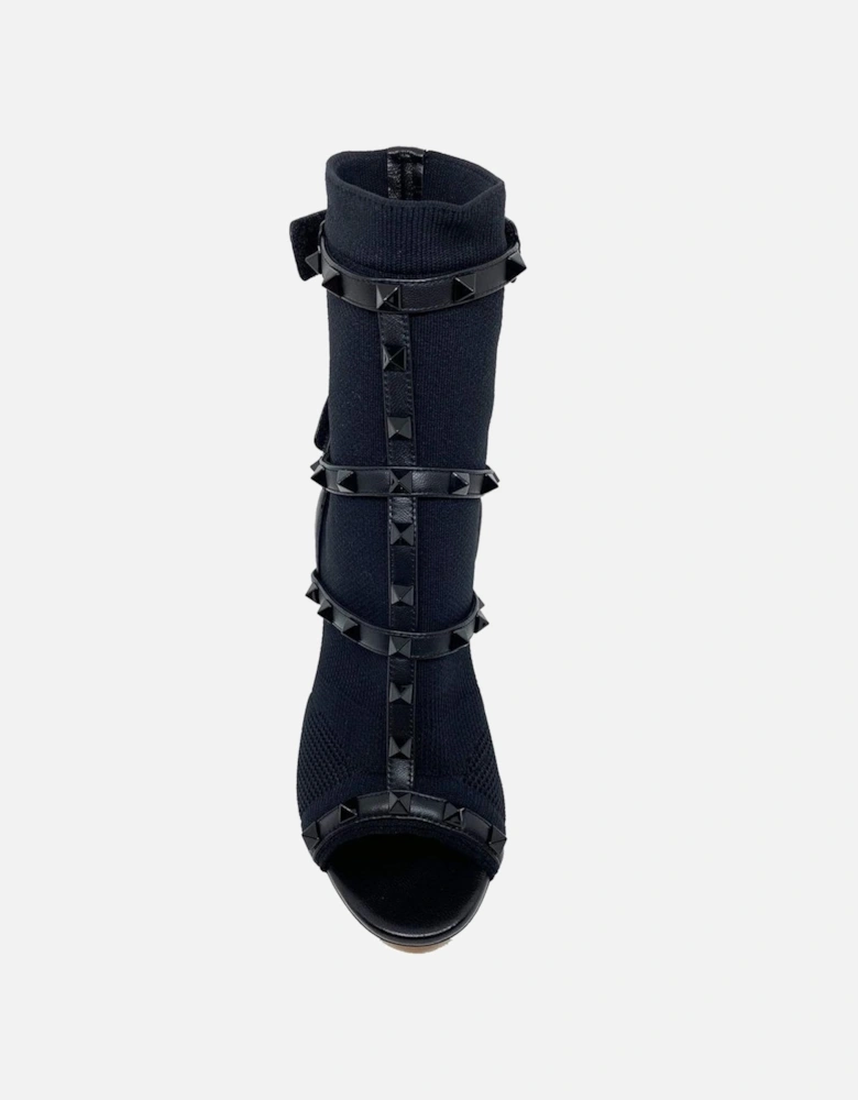 Leather Sandals with Velcro Strap and Heel Women - Black
