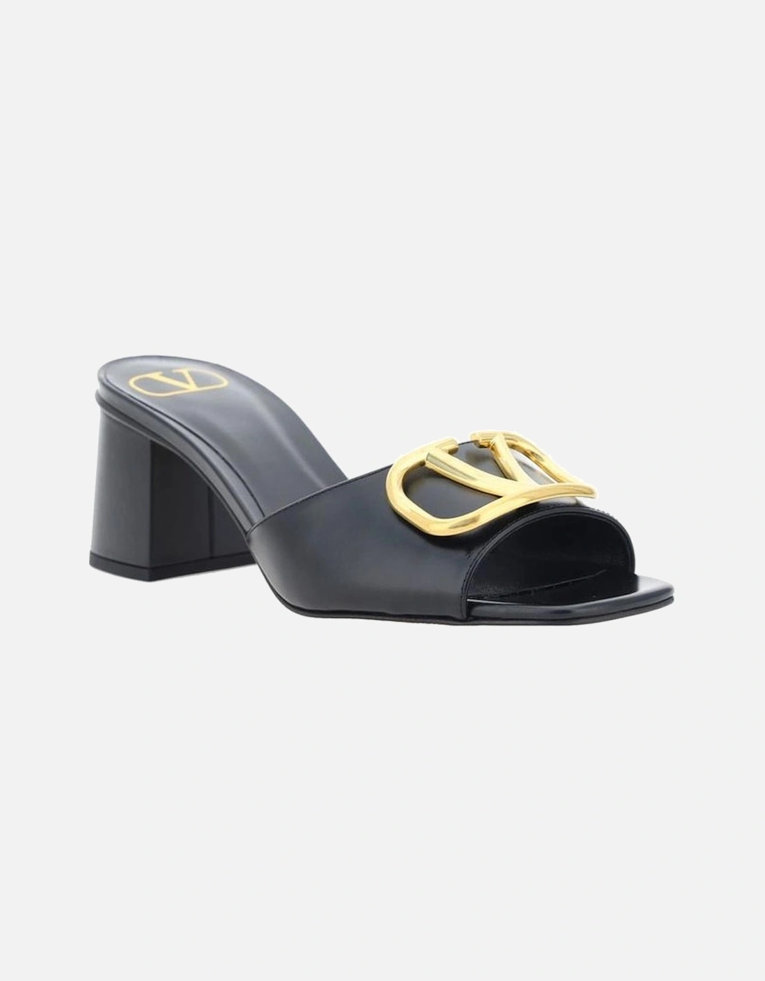 Gold-Tone Hardware Leather Square Toe Slip-On Heels Women - Black