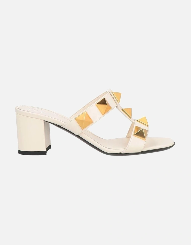 Calf Leather Slip-On Heels with Gold Studs Women - White Sandals