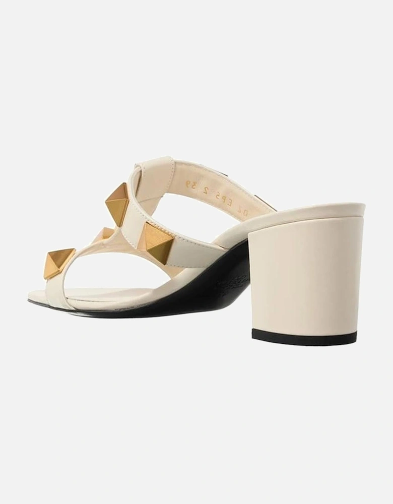 Calf Leather Slip-On Heels with Gold Studs Women - White Sandals