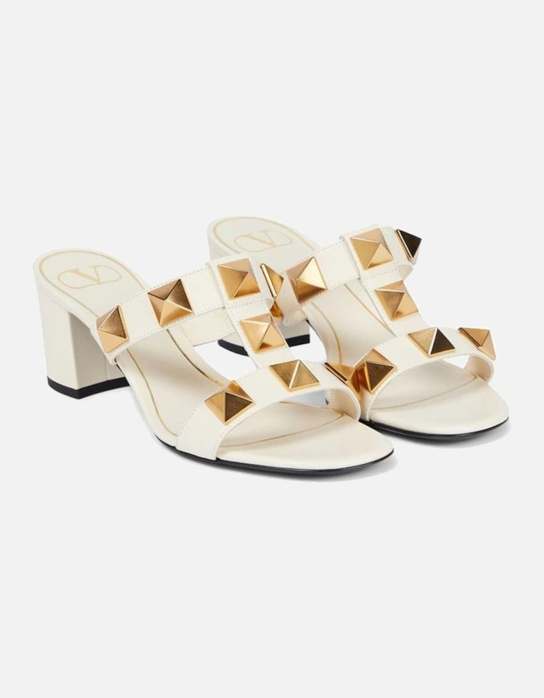 Calf Leather Slip-On Heels with Gold Studs Women - White Sandals