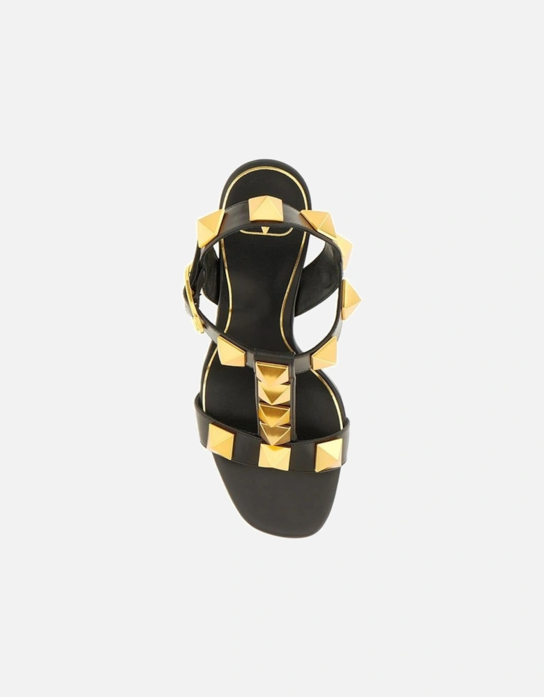 Decorative Studded Leather Heeled Sandals Women - Black