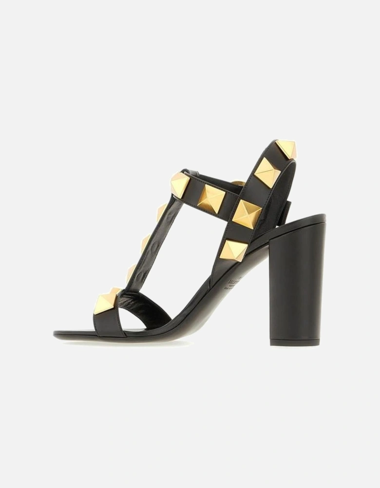 Decorative Studded Leather Heeled Sandals Women - Black