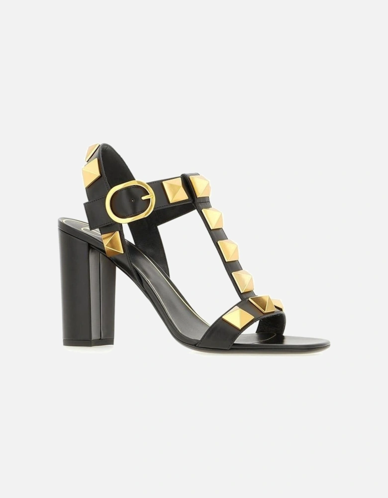 Decorative Studded Leather Heeled Sandals Women - Black