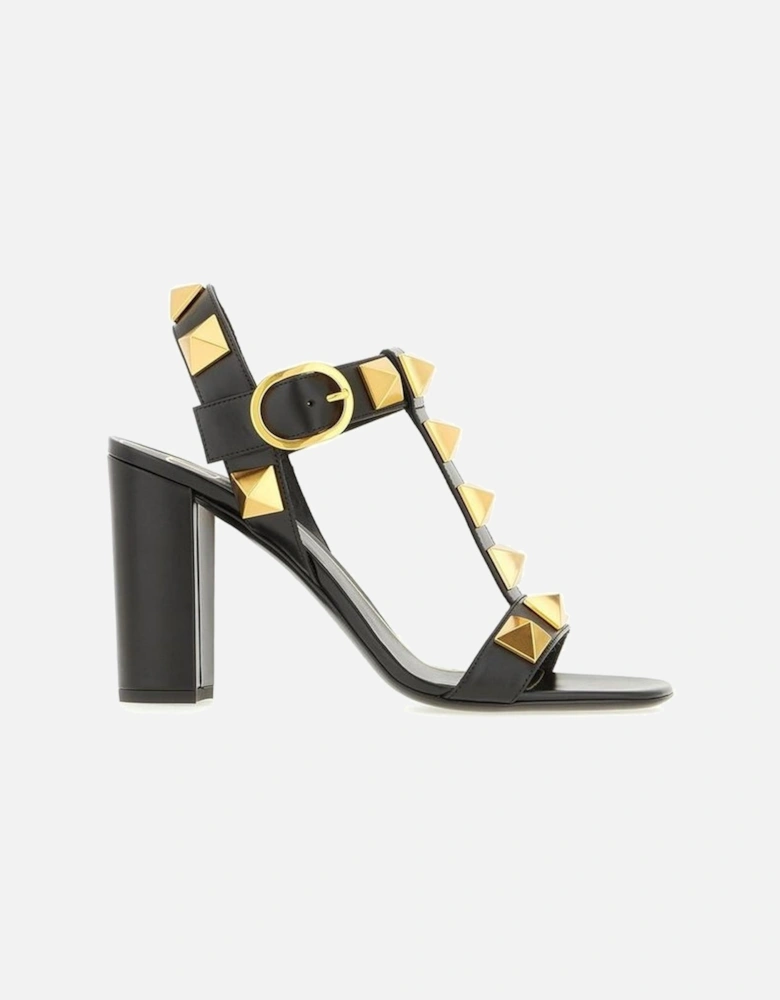 Decorative Studded Leather Heeled Sandals Women - Black