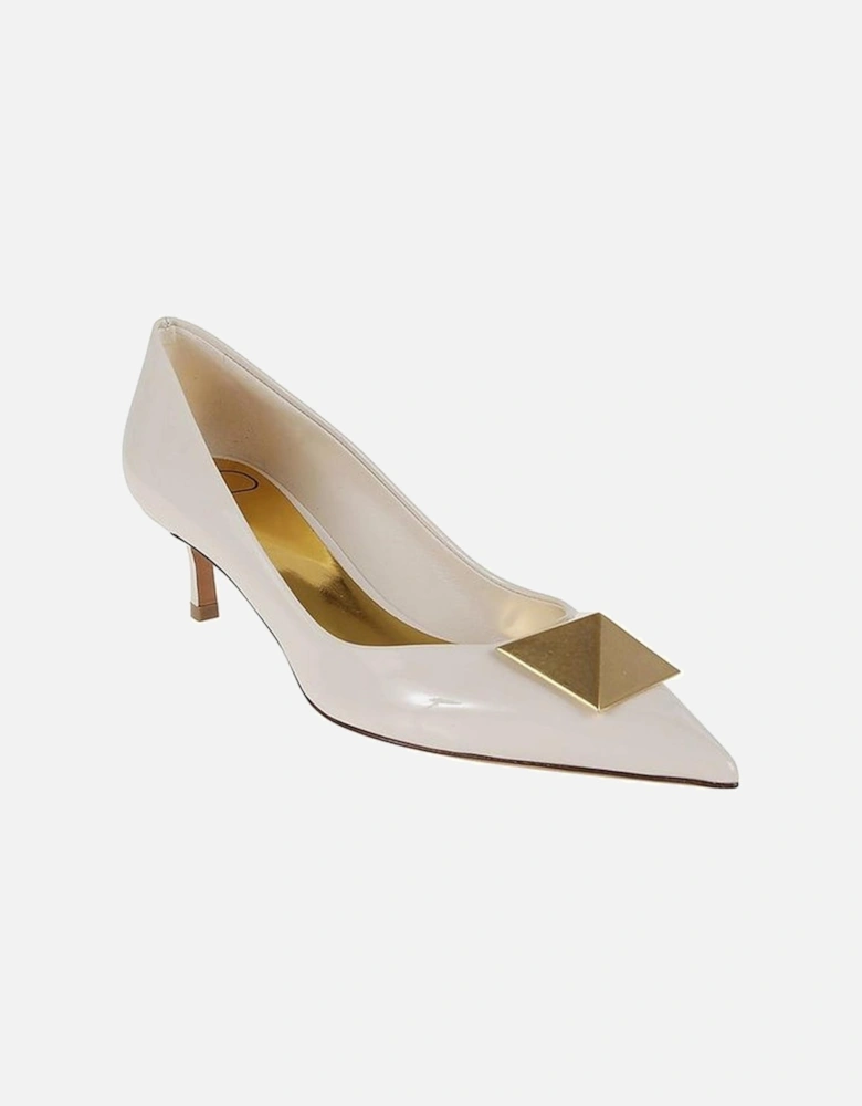 Gold-Tone Stud Pointed Toe Leather Heels Women - White Pumps
