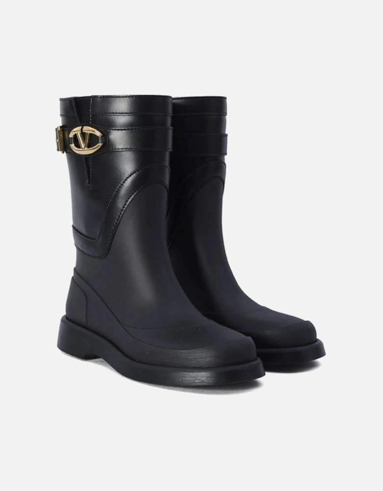 Round Toe Leather Sneakers with V Logo Plaque Women - Black Boots