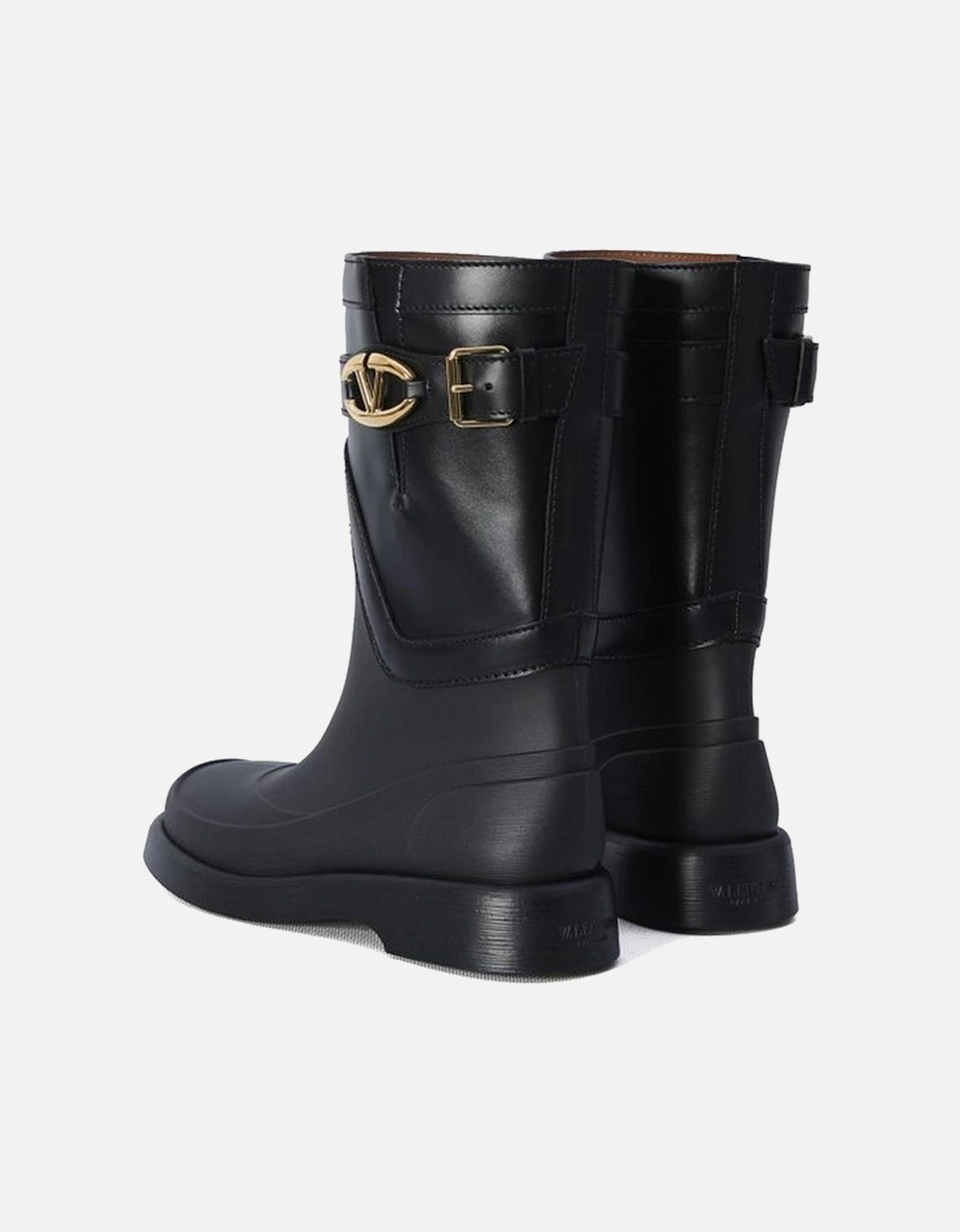 Round Toe Leather Sneakers with V Logo Plaque Women - Black Boots