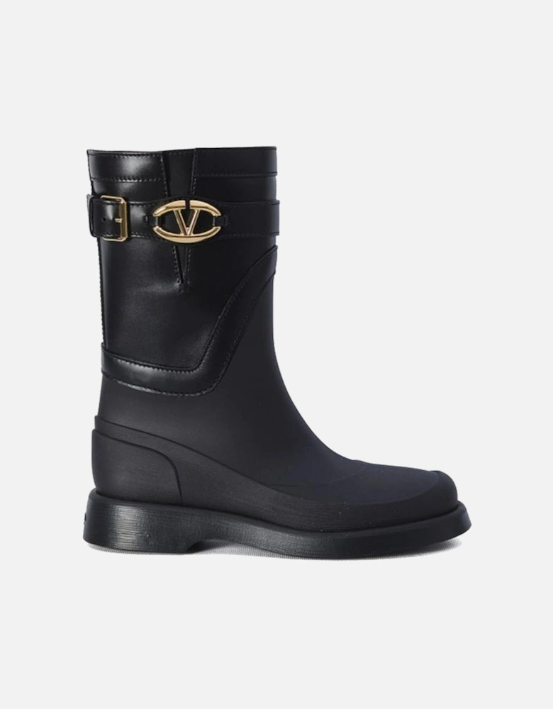 Round Toe Leather Sneakers with V Logo Plaque Women - Black Boots