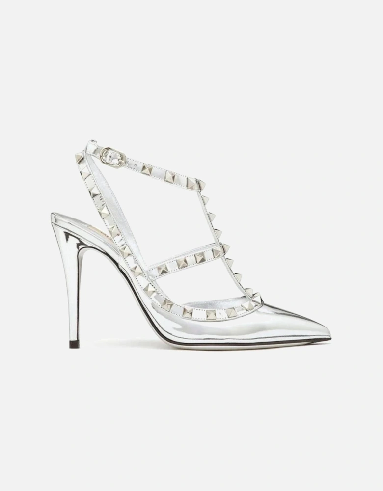 Pointed Toe Patent Leather Studded Heels Women - Silver Pumps