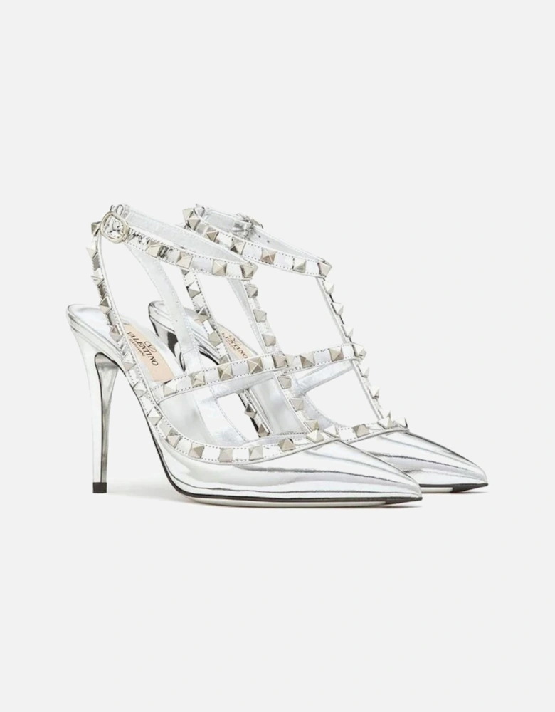 Pointed Toe Patent Leather Studded Heels Women - Silver Pumps