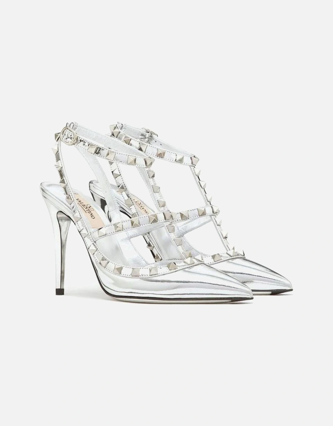 Pointed Toe Patent Leather Studded Heels Women - Silver Pumps