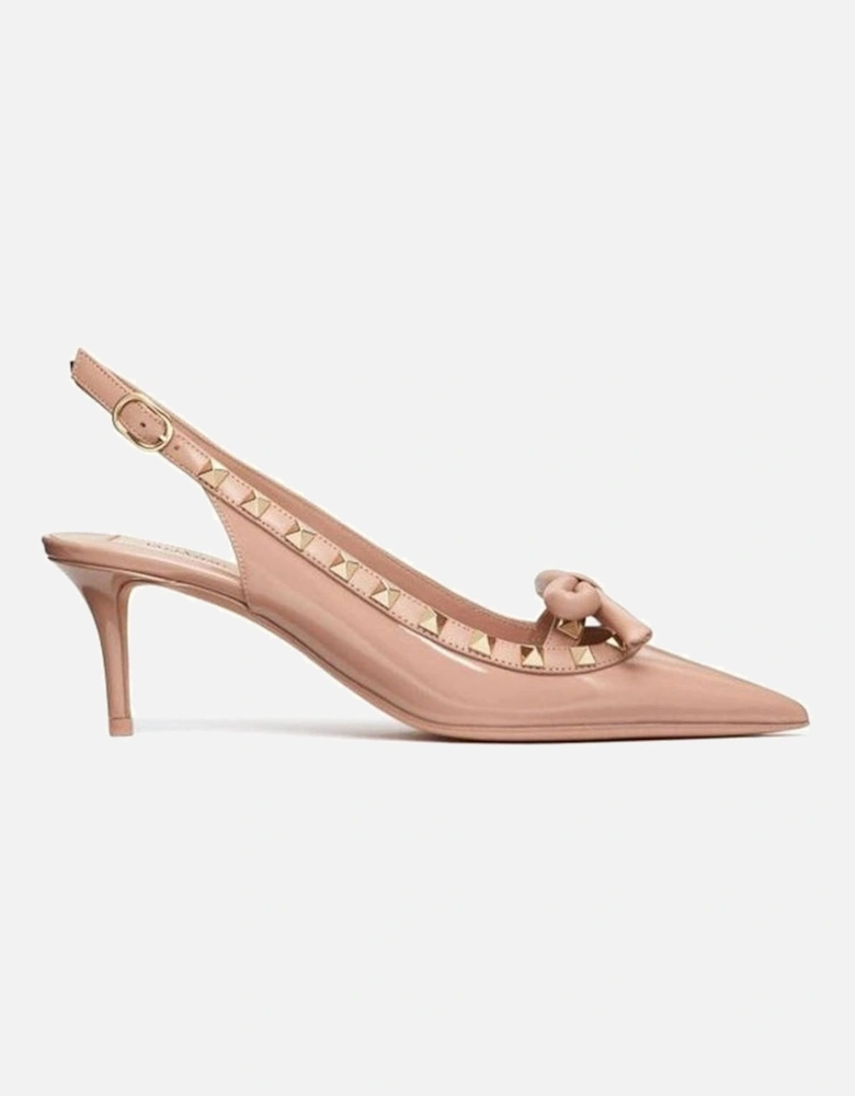 Leather Pointed Toe Heels with Bow and Studs Women - Beige Pumps