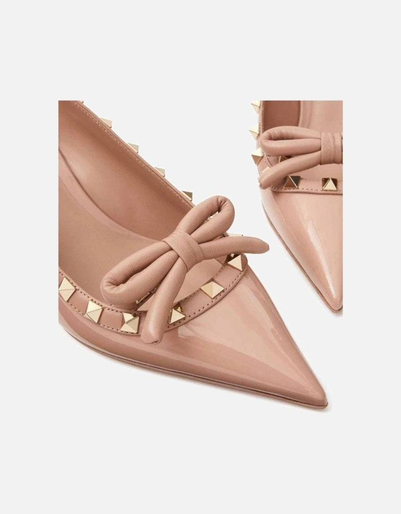 Leather Pointed Toe Heels with Bow and Studs Women - Beige Pumps