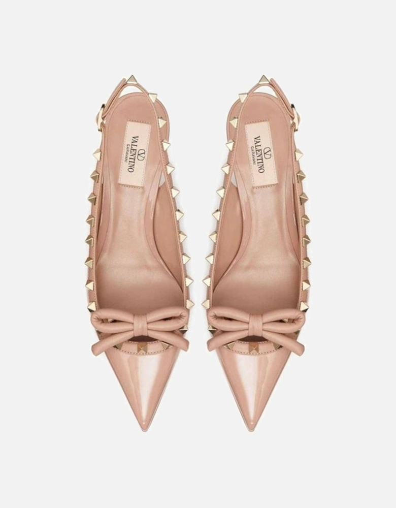 Leather Pointed Toe Heels with Bow and Studs Women - Beige Pumps