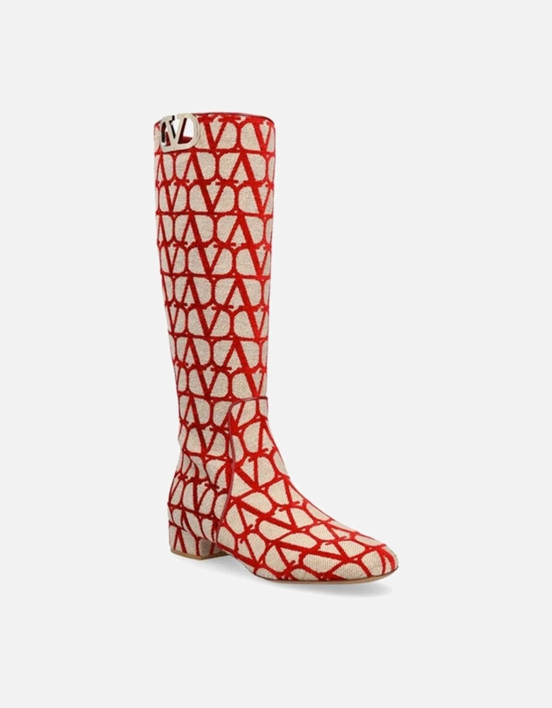 Canvas Leather Sole Shoes with Side Zip Women - Beige Boots