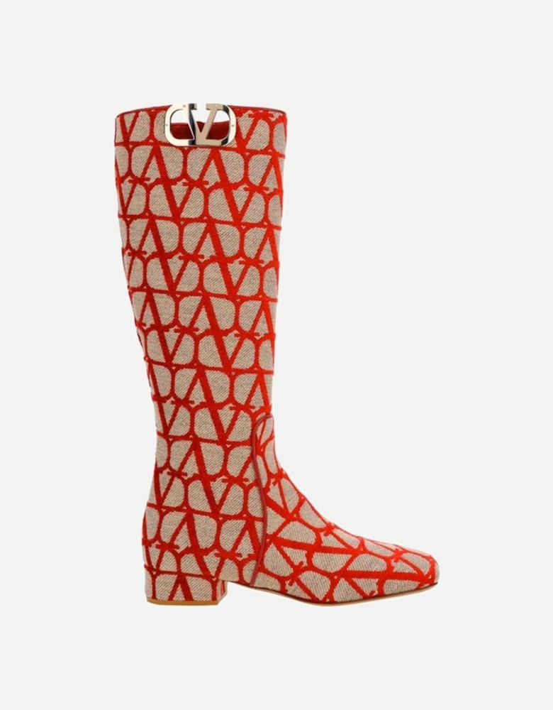 Canvas Leather Sole Shoes with Side Zip Women - Beige Boots