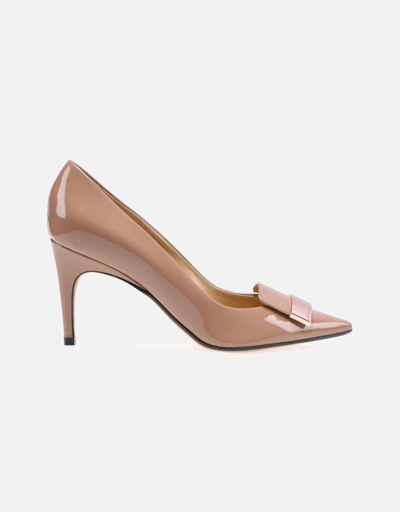 Pointed Toe Leather Slip-On Heels with Metal Logo Women - Beige Pumps