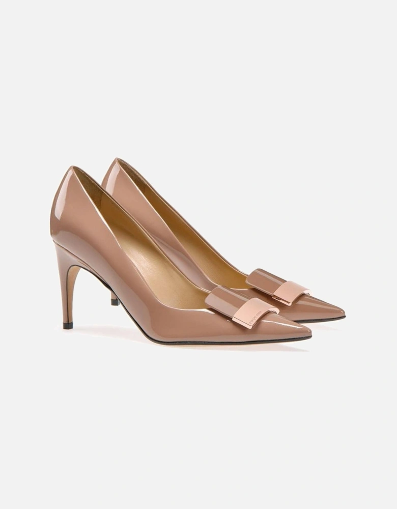 Pointed Toe Leather Slip-On Heels with Metal Logo Women - Beige Pumps