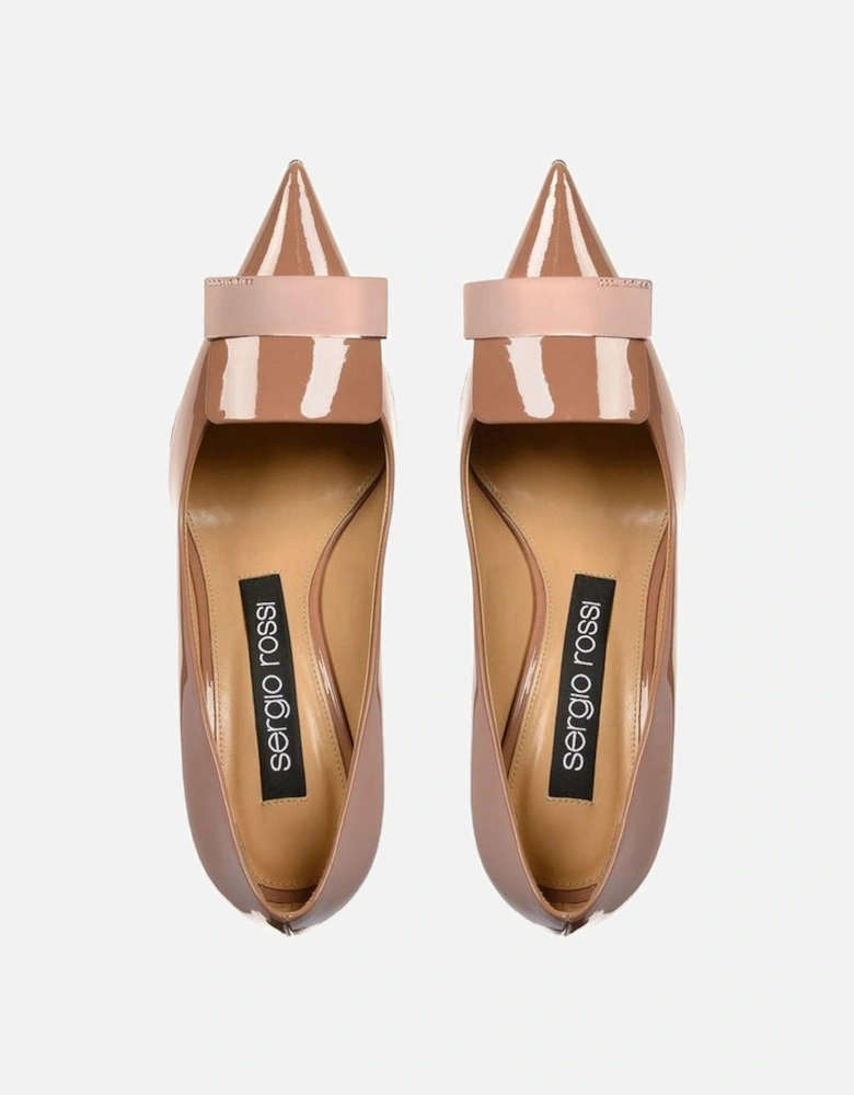 Pointed Toe Leather Slip-On Heels with Metal Logo Women - Beige Pumps