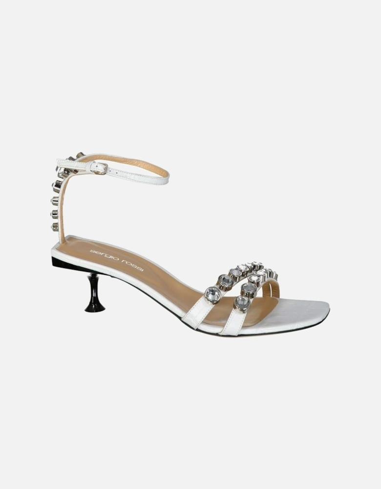 Crystal-Embellished Leather Heeled Sandals Women - White