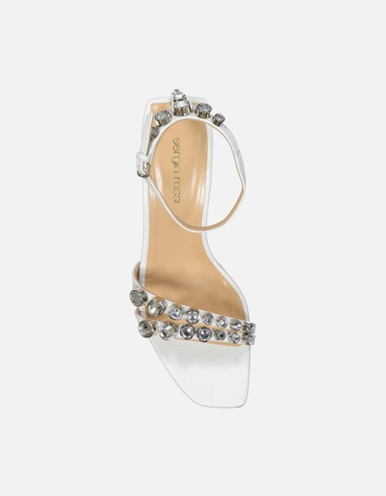 Crystal-Embellished Leather Heeled Sandals Women - White