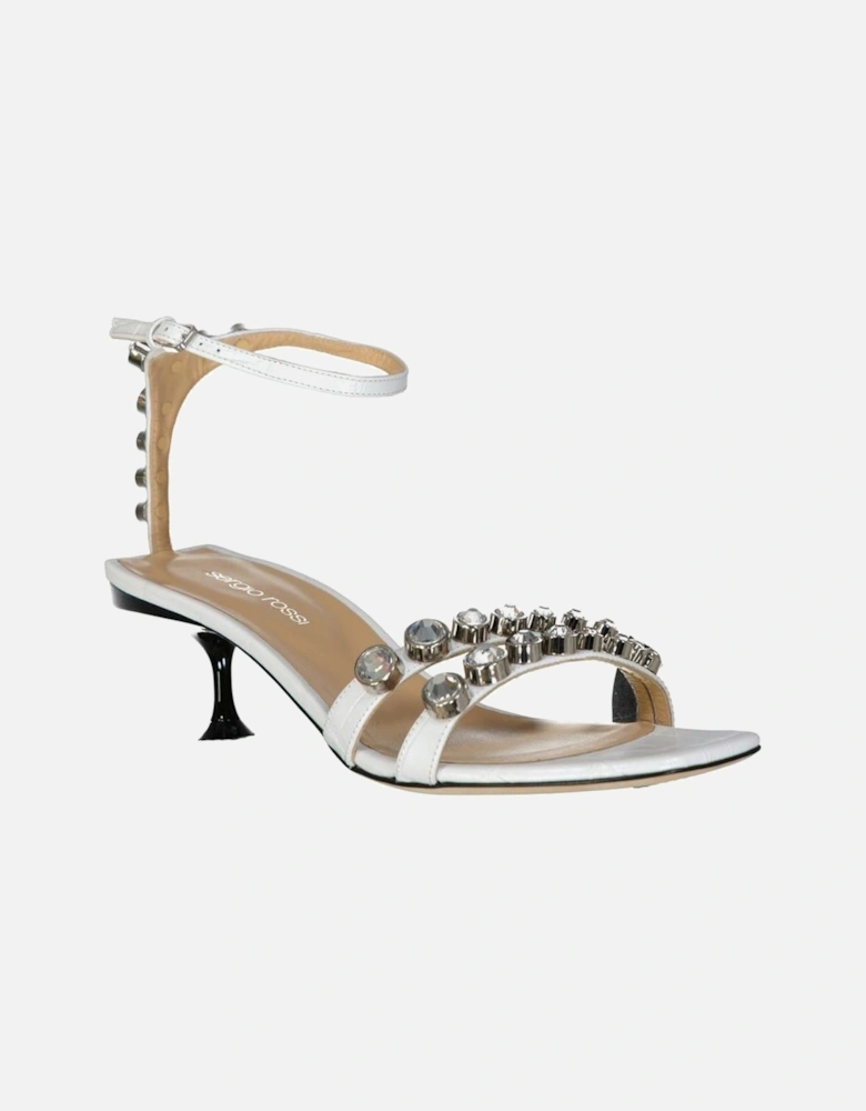 Crystal-Embellished Leather Heeled Sandals Women - White