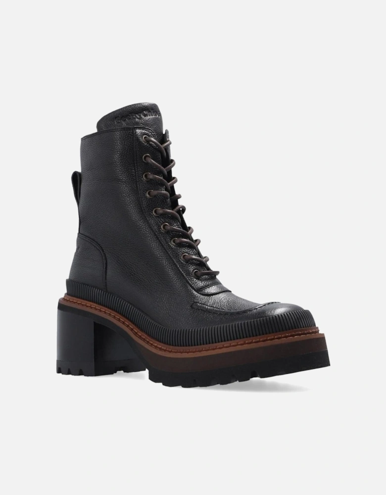 Textured Leather Lace-Up Boots with Heel Women - Black