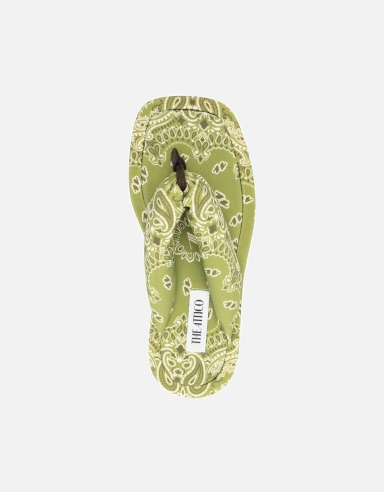 Square Toe Thong Strap Bandana Lycra Sandals Women - Green Shoes