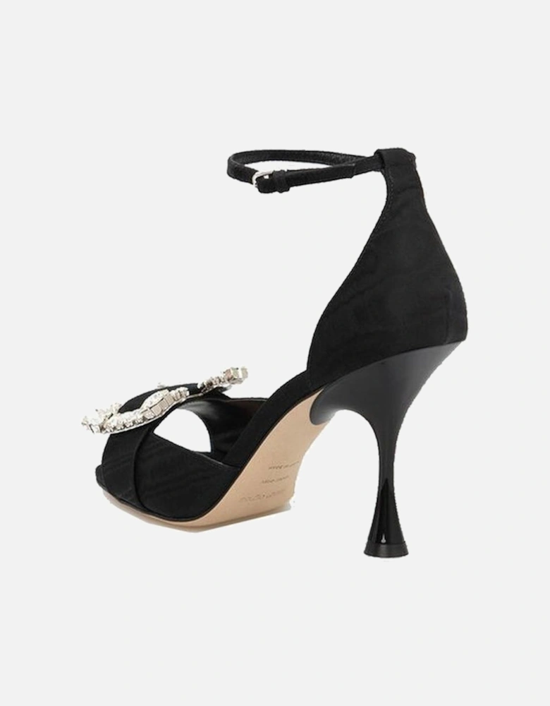 Square Toe Leather Heel with Crystal Detail Women - Black Sandals