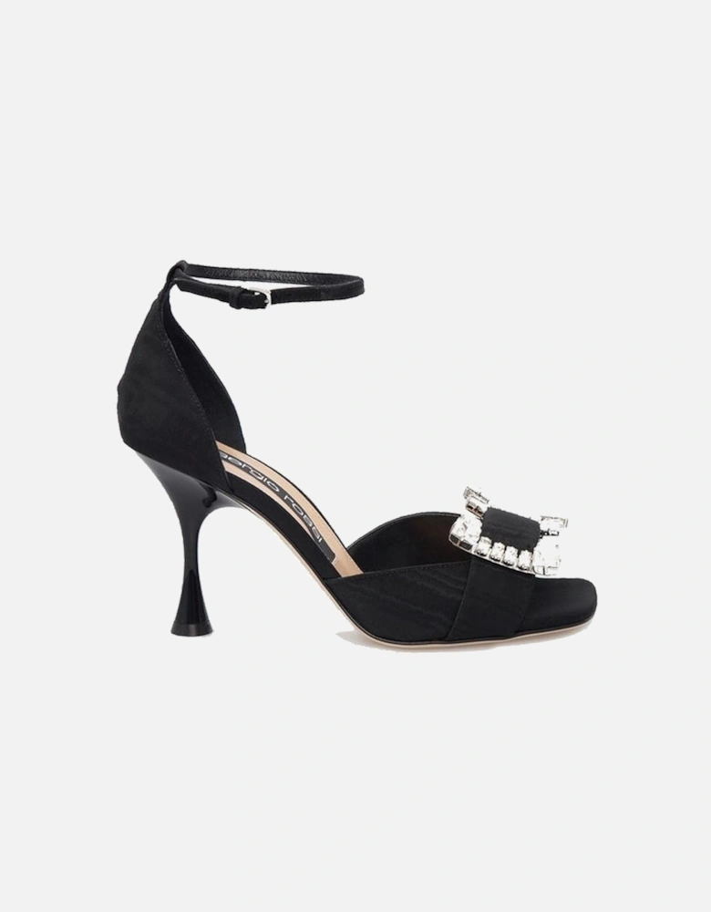 Square Toe Leather Heel with Crystal Detail Women - Black Sandals