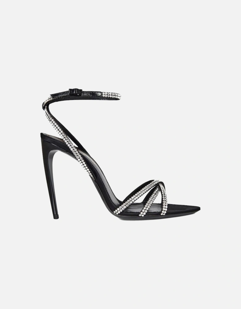 Silk Rhinestone Crisscross Strap Heeled Sandals Women - Black