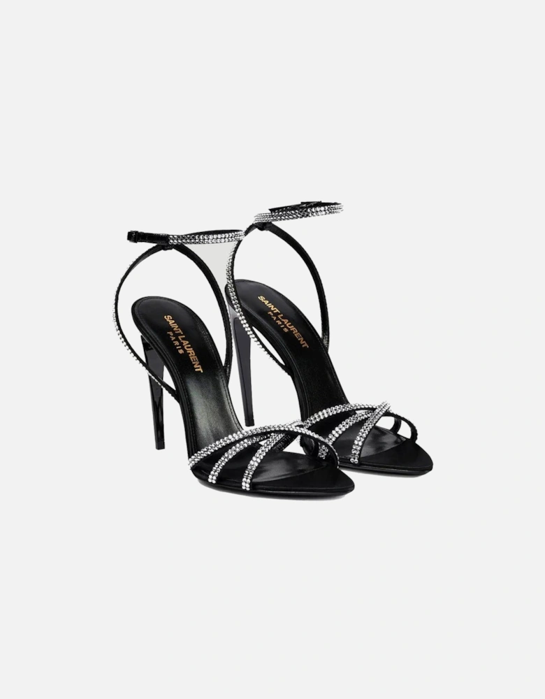 Silk Rhinestone Crisscross Strap Heeled Sandals Women - Black