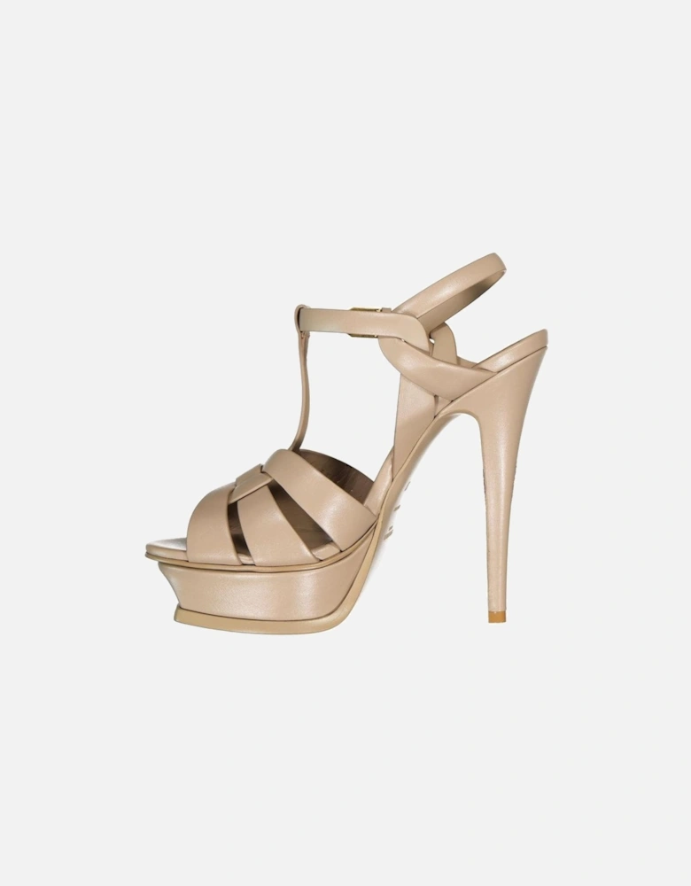 Calf Leather Ankle Strap Heeled Platform Boots Women - Beige Sandals