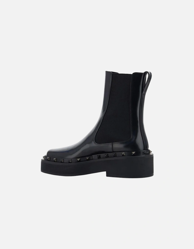 Square Toe Leather Ankle Boots with Metal Studs Women - Black