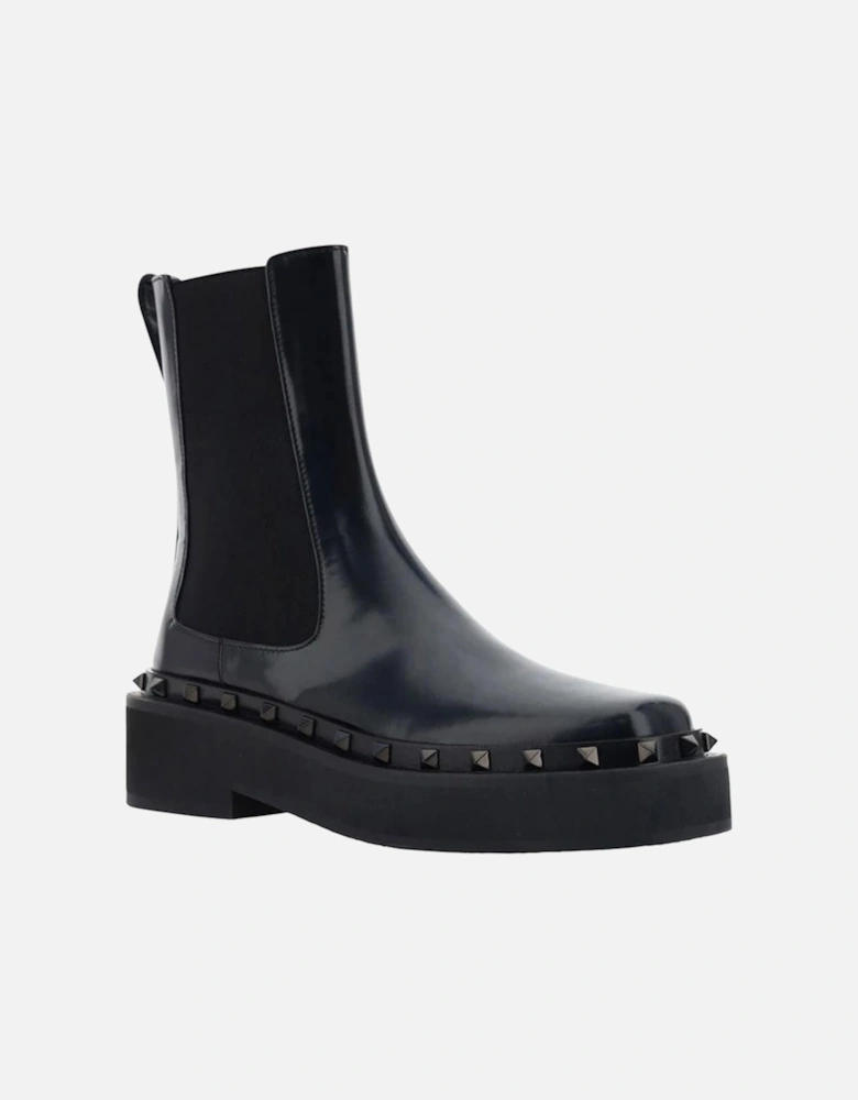 Square Toe Leather Ankle Boots with Metal Studs Women - Black