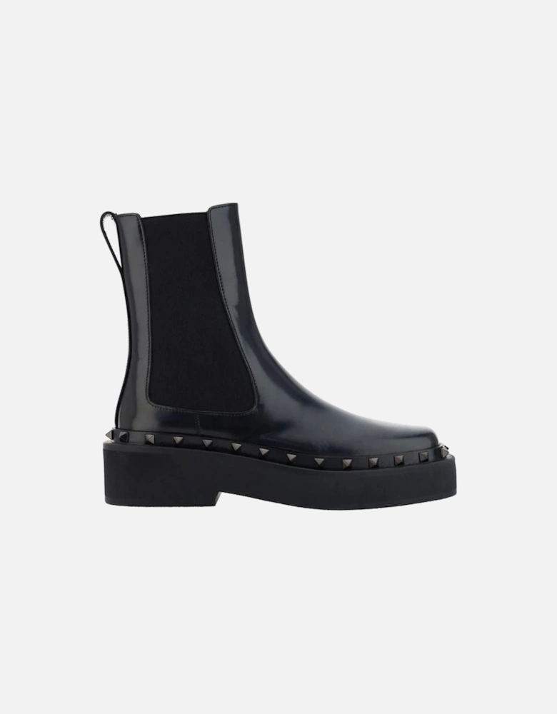Square Toe Leather Ankle Boots with Metal Studs Women - Black