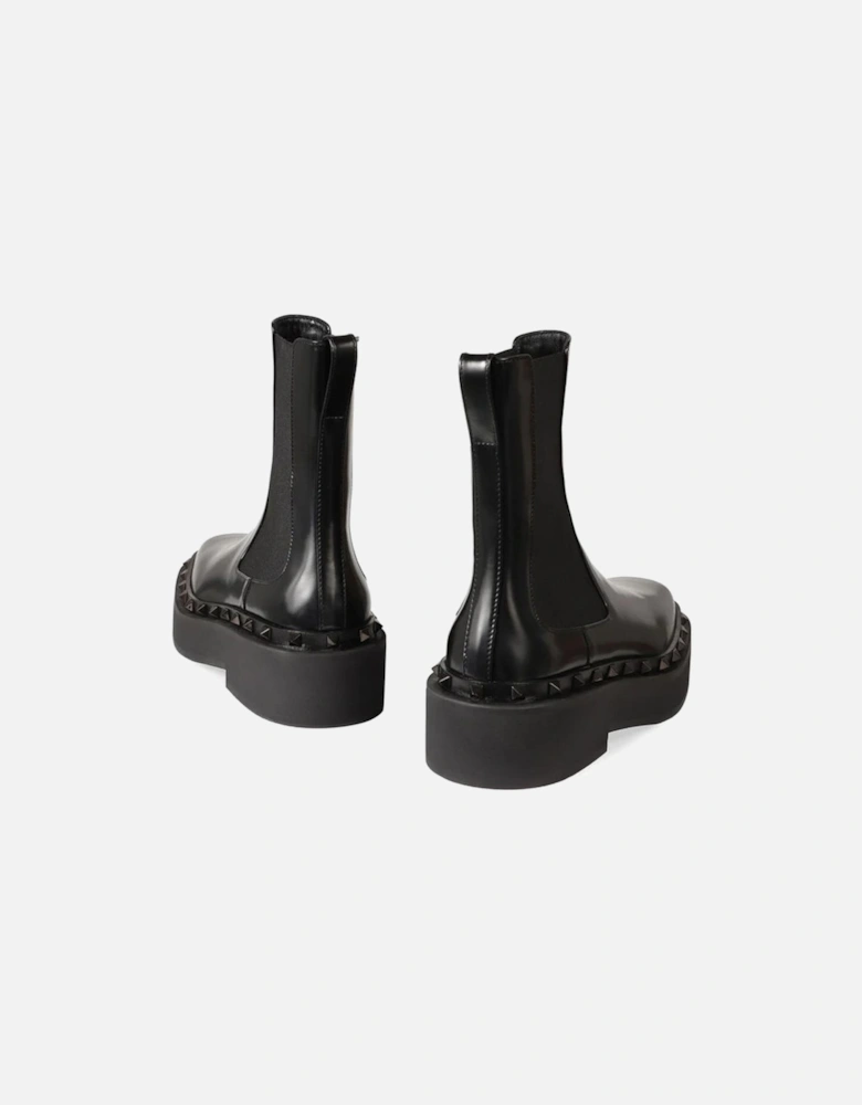 Square Toe Leather Ankle Boots with Metal Studs Women - Black