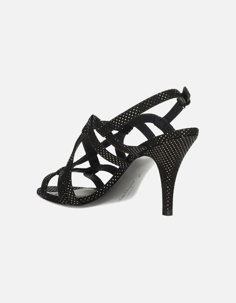 Leather Ankle Buckle Round Toe Heels Women - Black Sandals
