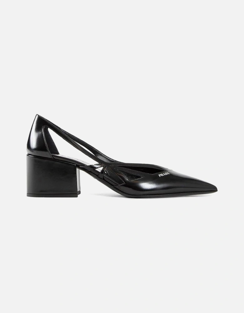 Cut-Out Pointed Toe Cuban Heel Leather Shoes Women - Black Pumps