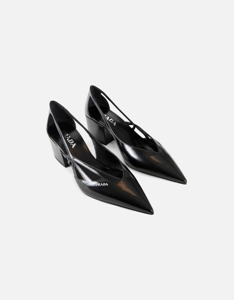 Cut-Out Pointed Toe Cuban Heel Leather Shoes Women - Black Pumps